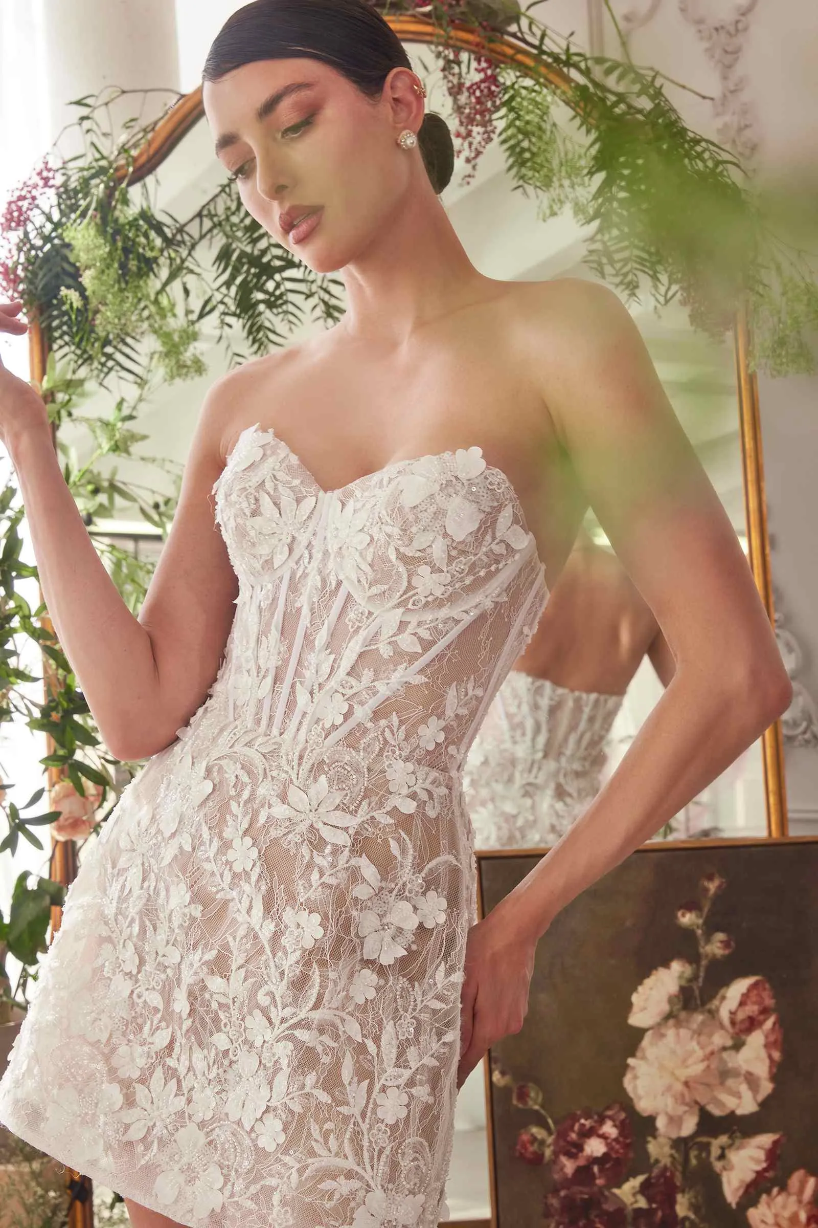 Andrea & Leo WL084 Strapless Short Lace Midi Wedding Dress
