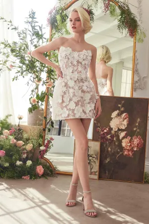 Andrea & Leo WL085 Dimensional Floral & Lace Strapless Short Bridal Midi Dress