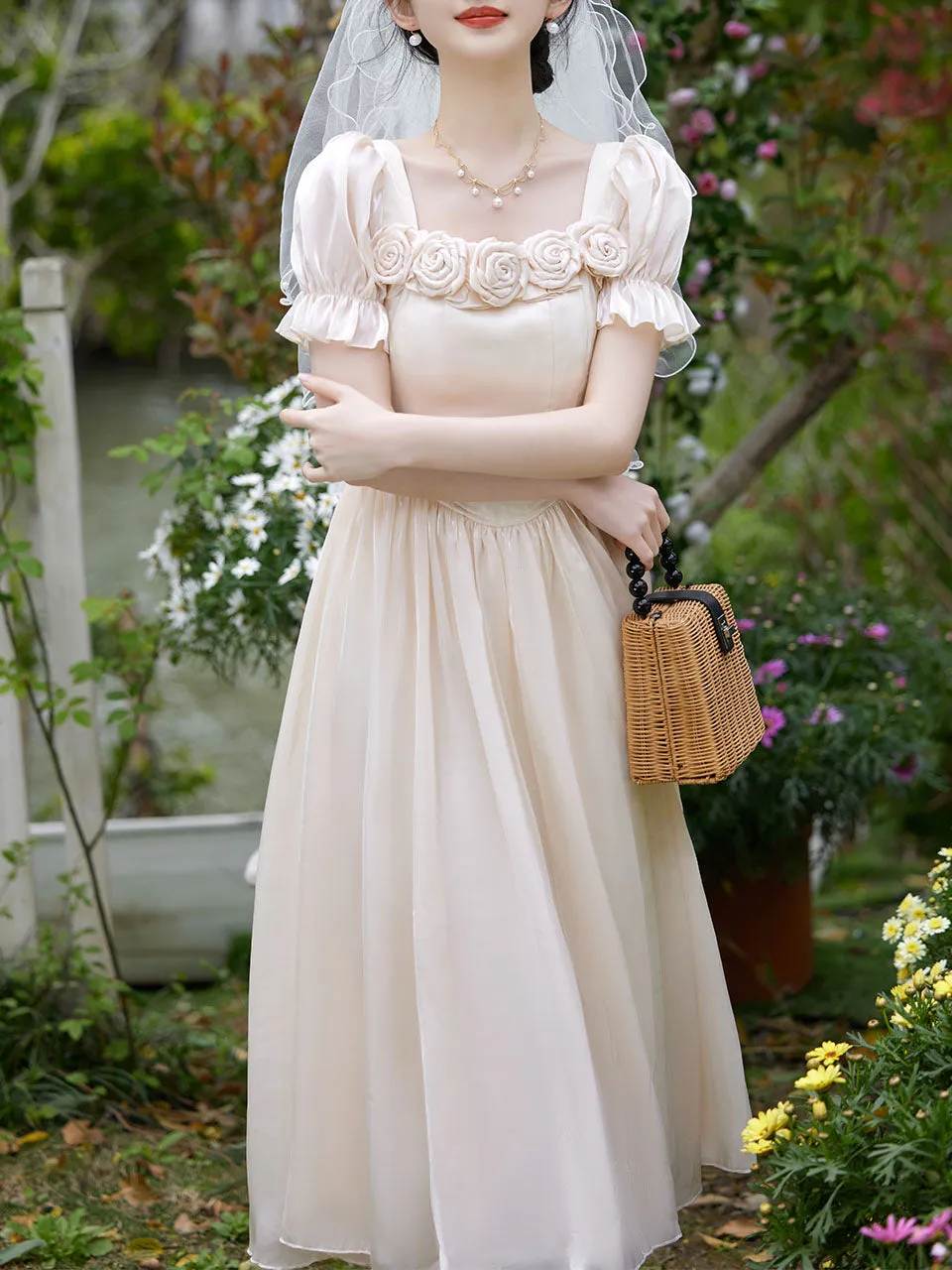 Apricot Square Collar Rose Handmade Short Sleeve Vintage 1950S Dress