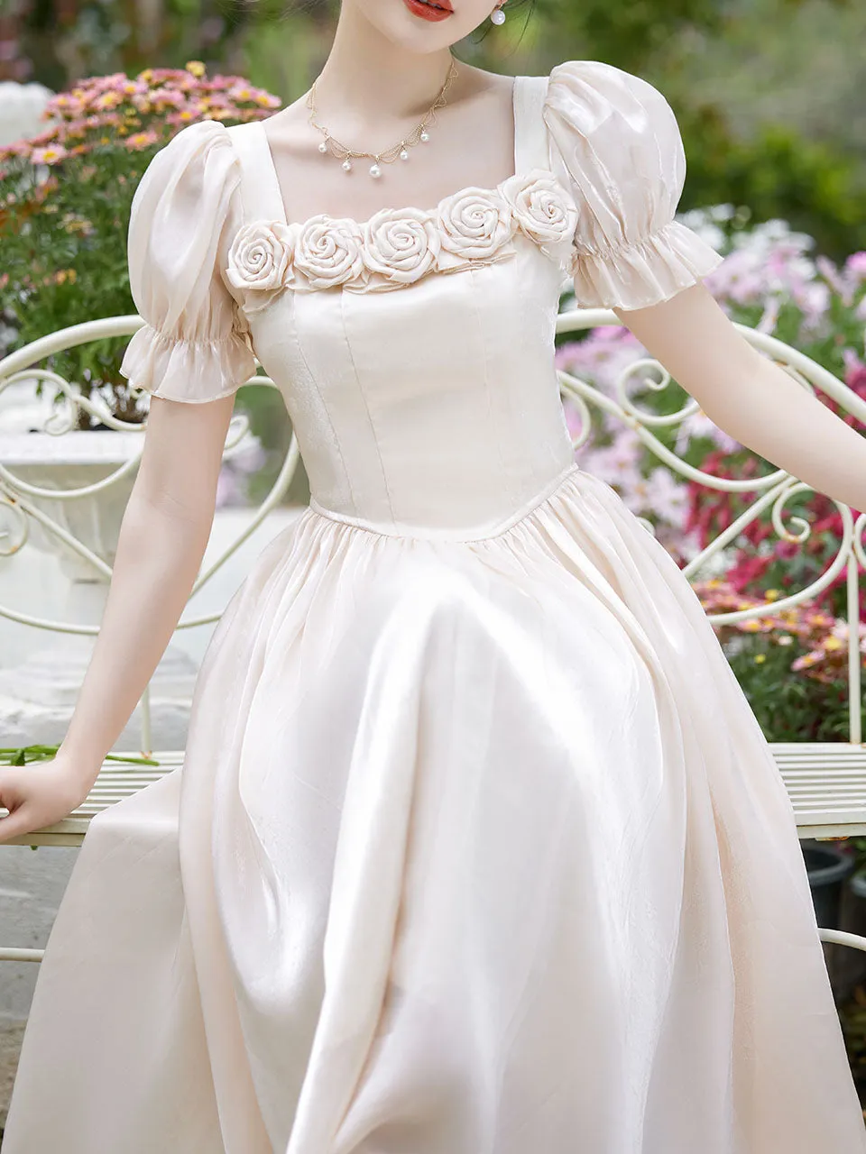 Apricot Square Collar Rose Handmade Short Sleeve Vintage 1950S Dress