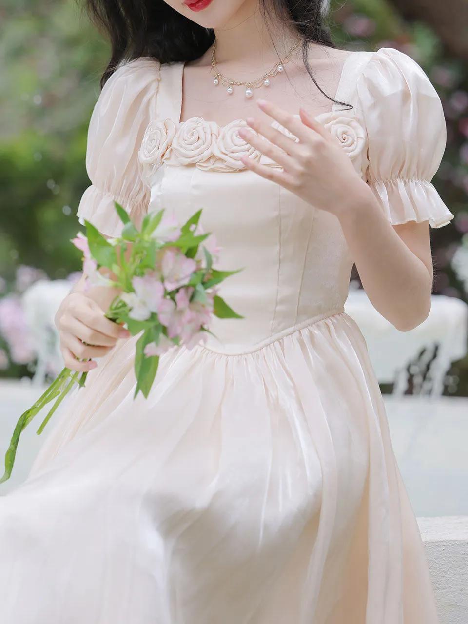Apricot Square Collar Rose Handmade Short Sleeve Vintage 1950S Dress