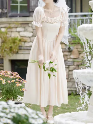 Apricot Square Collar Rose Handmade Short Sleeve Vintage 1950S Dress