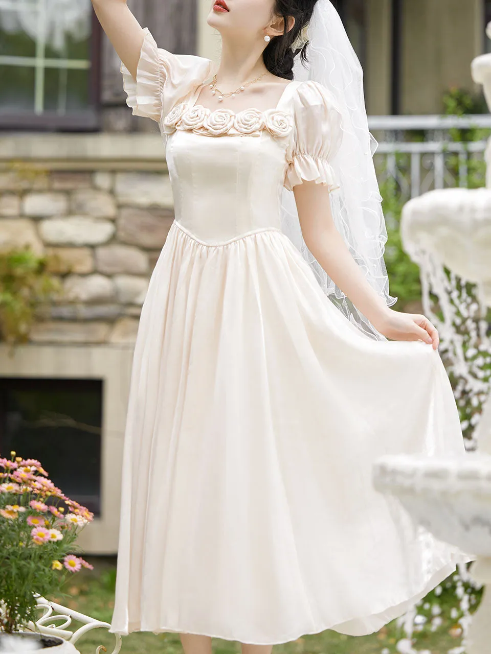 Apricot Square Collar Rose Handmade Short Sleeve Vintage 1950S Dress