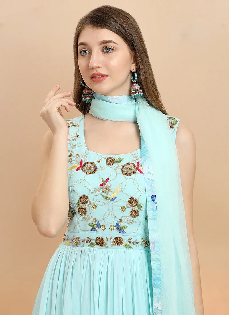Aqua Blue Embroidered Shaded Georgette Anarkali Gown