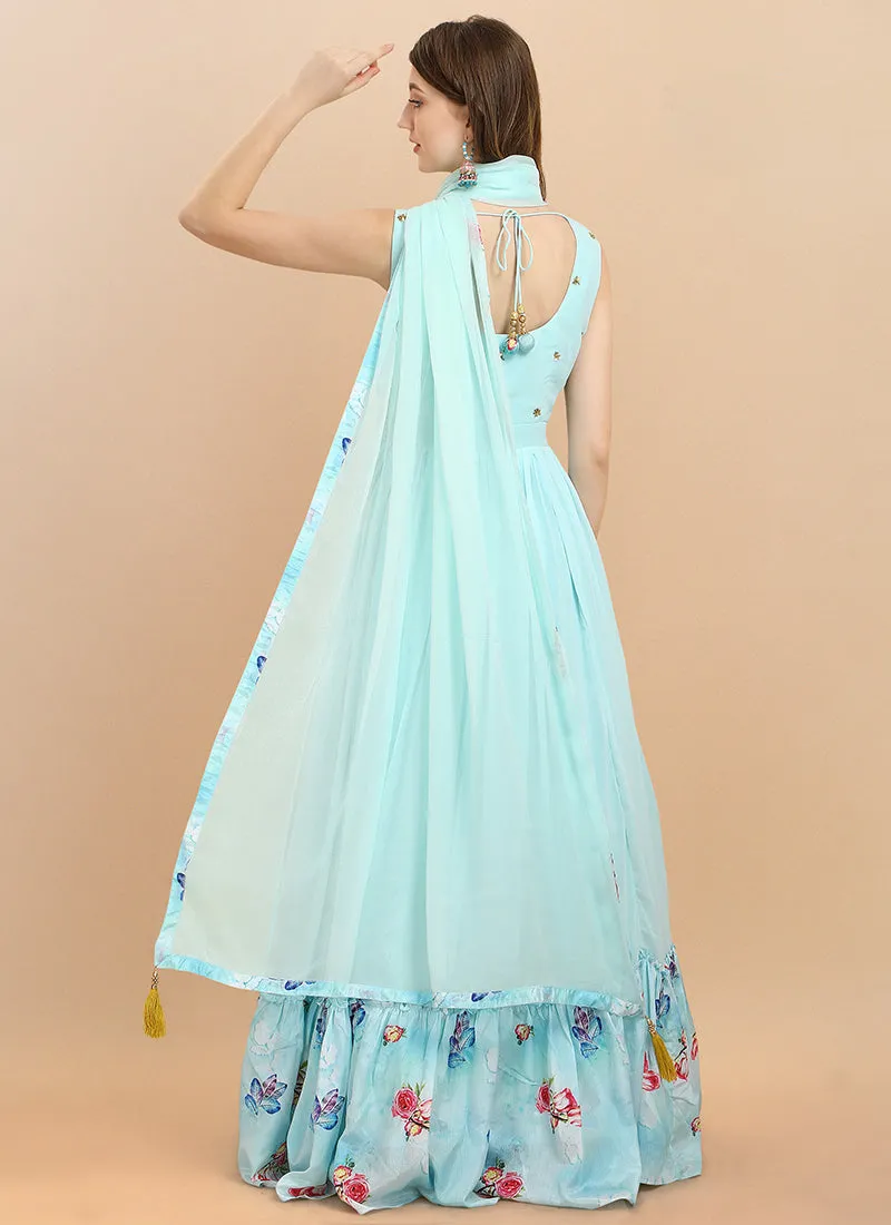Aqua Blue Embroidered Shaded Georgette Anarkali Gown