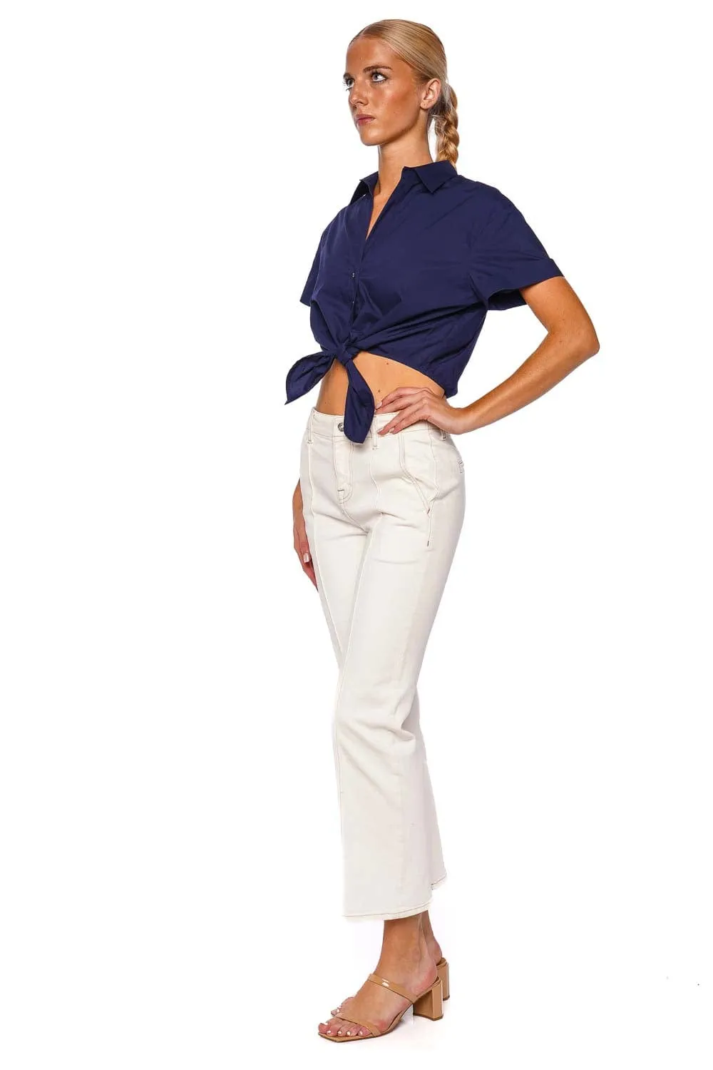 Asbury Evening Blue Tie Cropped Shirt