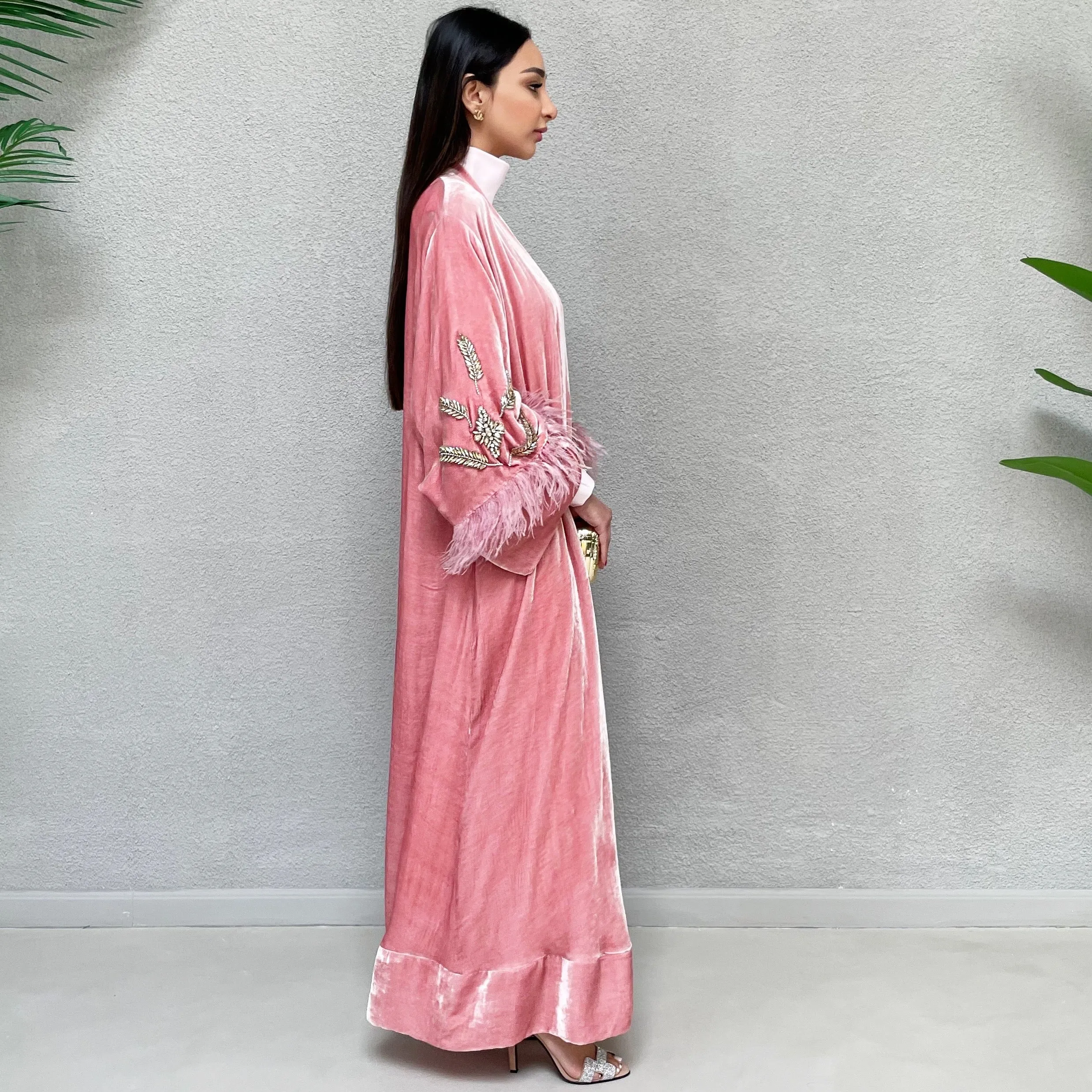AW 21 AMANI PINK SILK VELVET EVENING ABAYA
