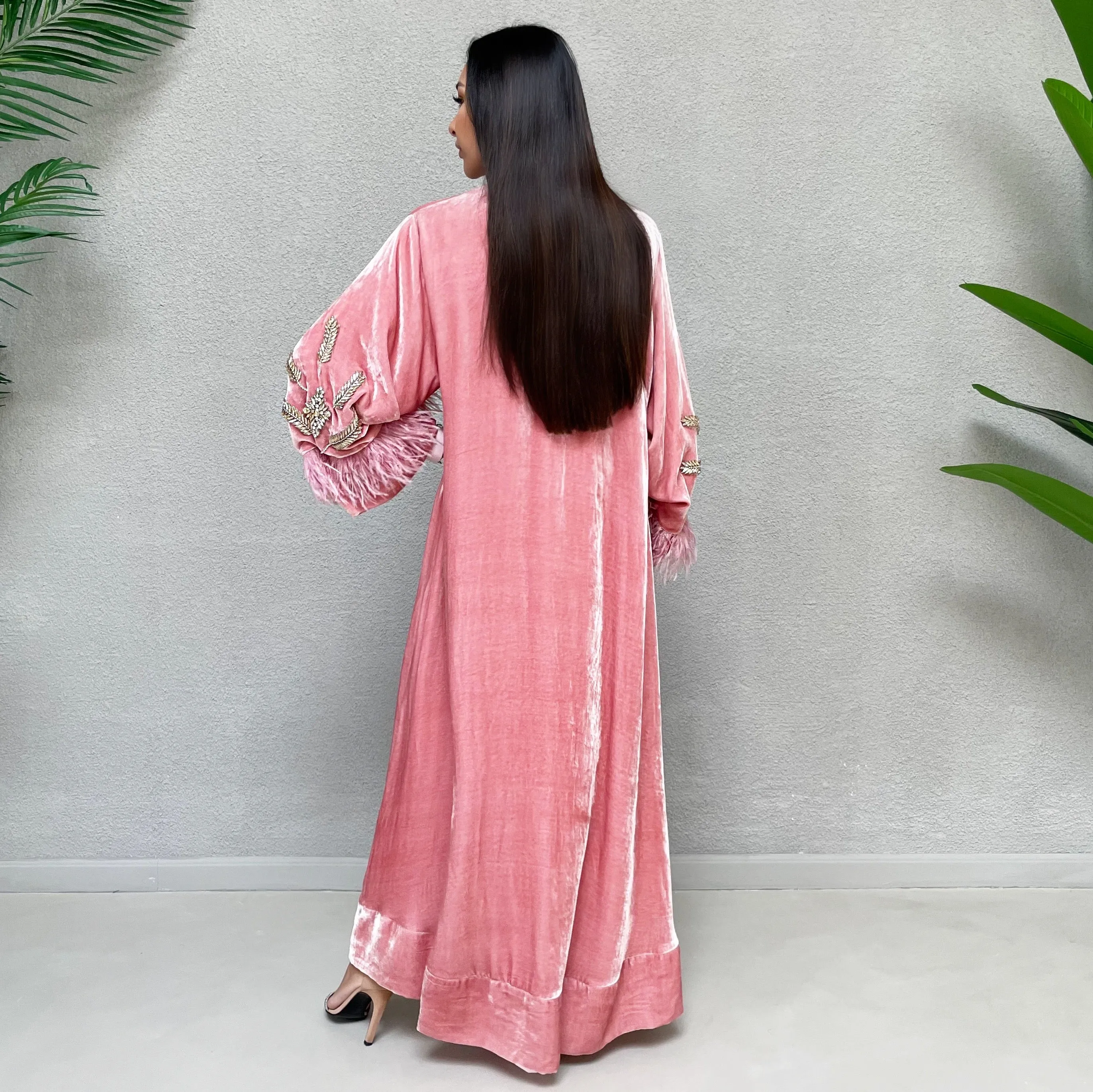 AW 21 AMANI PINK SILK VELVET EVENING ABAYA