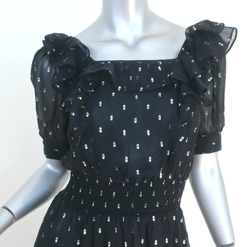 Ba&sh Midi Dress Romeo Black/Gold Metallic Fil Coupe Size 0 Short Sleeve NEW