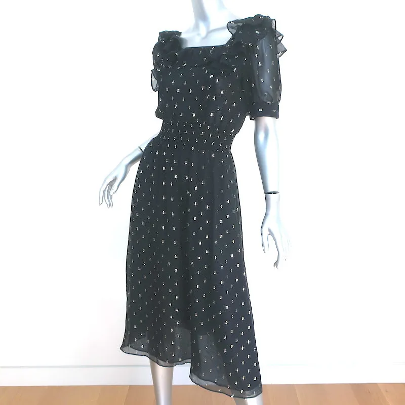 Ba&sh Midi Dress Romeo Black/Gold Metallic Fil Coupe Size 0 Short Sleeve NEW