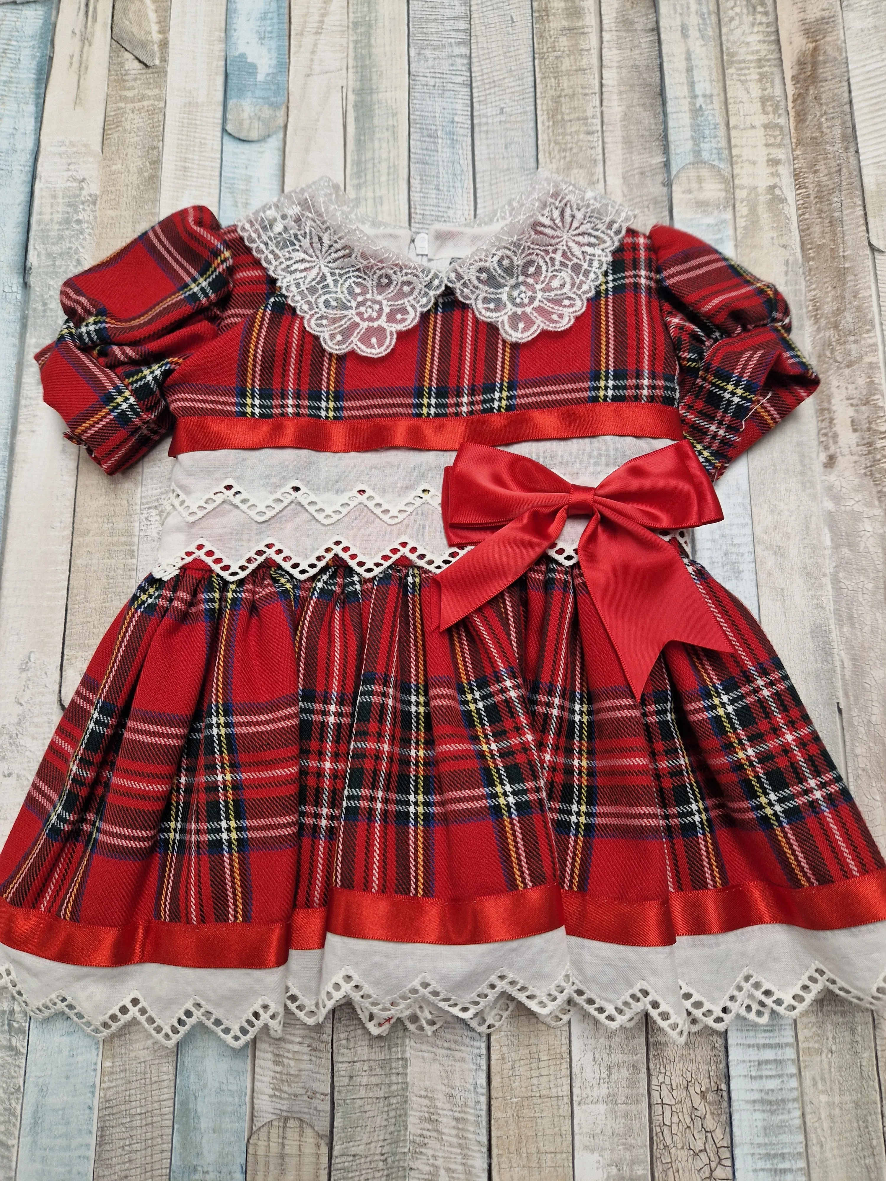 Baby Girls Red Tartan Dress With Red 1 Satin Bow