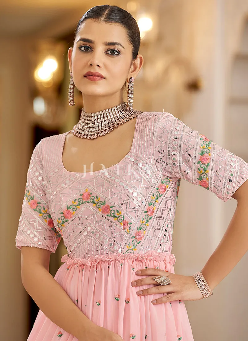Baby Pink Floral Embroidered Wedding Gown