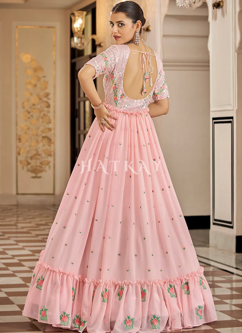 Baby Pink Floral Embroidered Wedding Gown