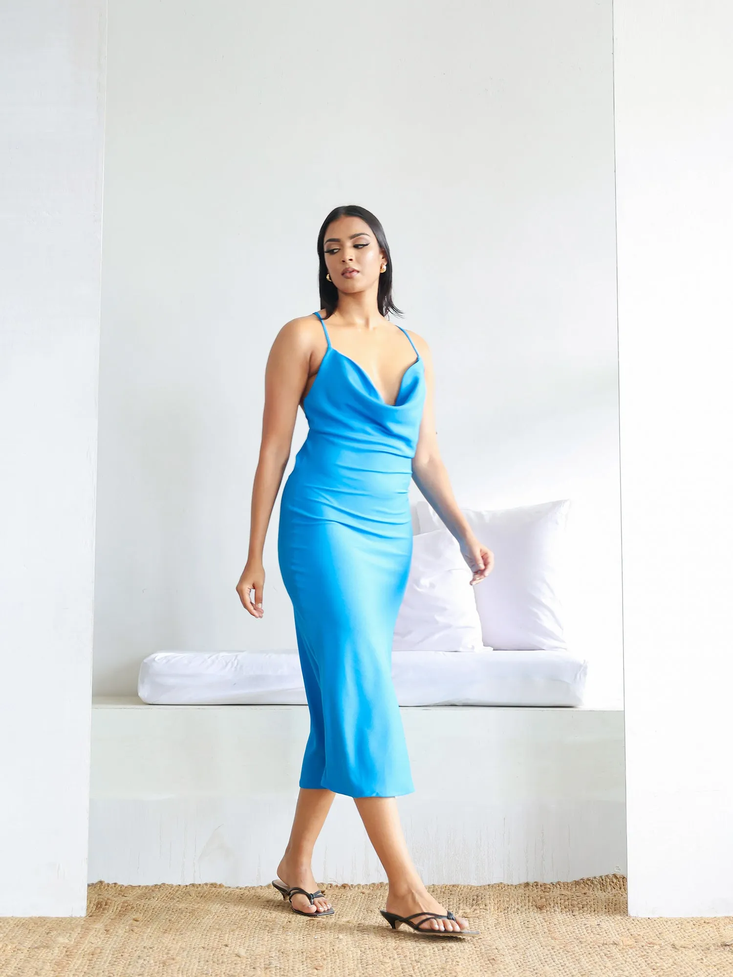 Back Cross Detail Cowl Neck Dress