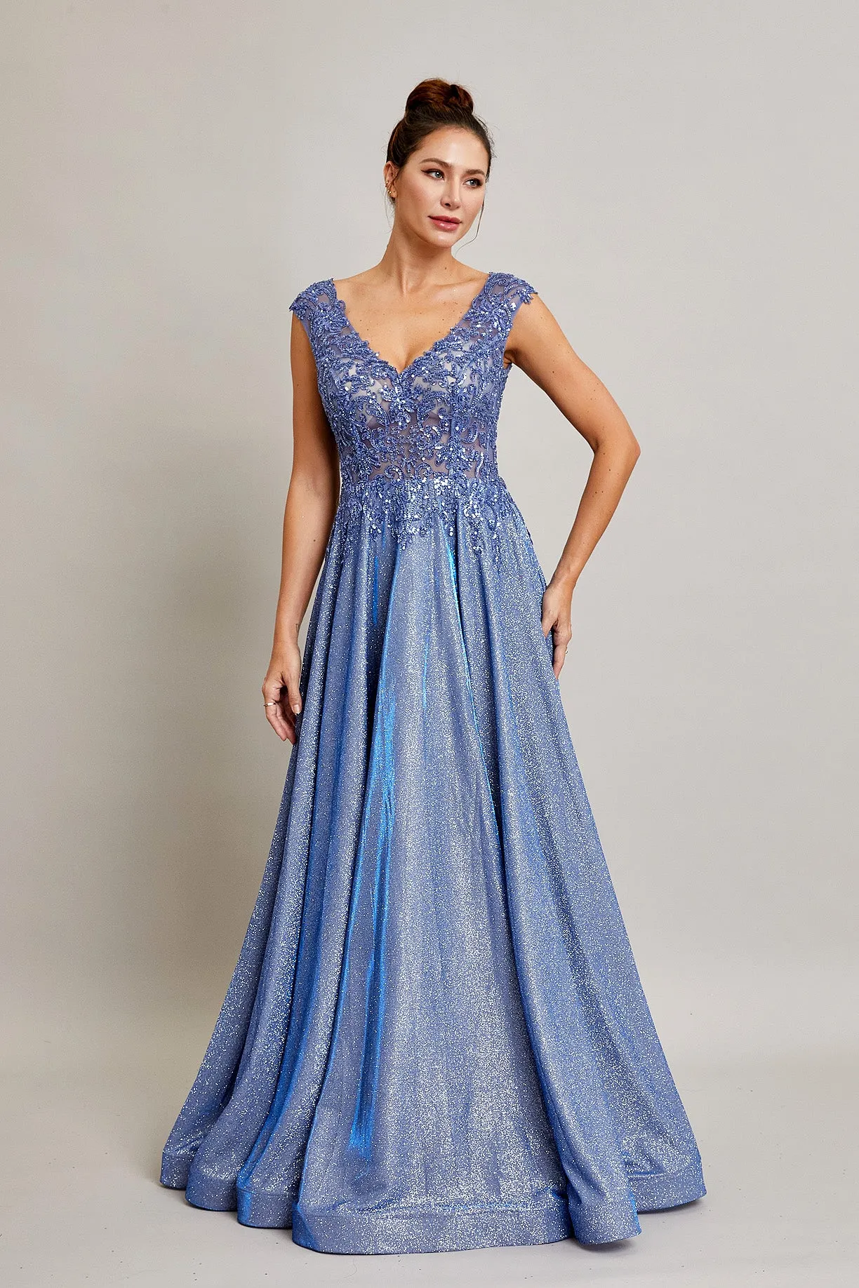 BC RD2371 - Stretch Sparkle Crepe A-Line Prom Gown with Sheer Sequin Embellished V-Neck Bodice & Cap Sleeves
