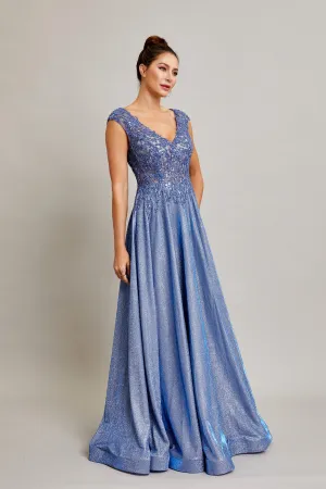 BC RD2371 - Stretch Sparkle Crepe A-Line Prom Gown with Sheer Sequin Embellished V-Neck Bodice & Cap Sleeves