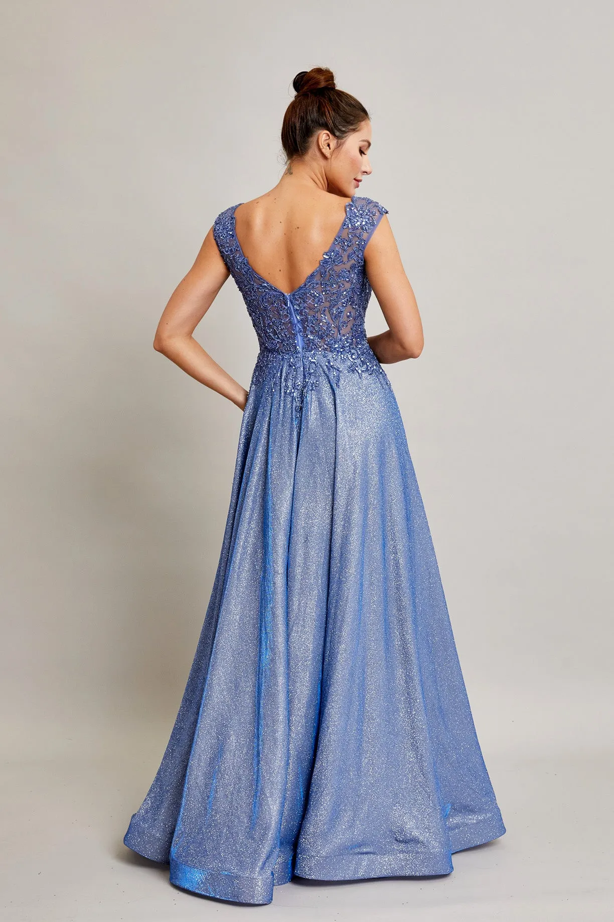 BC RD2371 - Stretch Sparkle Crepe A-Line Prom Gown with Sheer Sequin Embellished V-Neck Bodice & Cap Sleeves