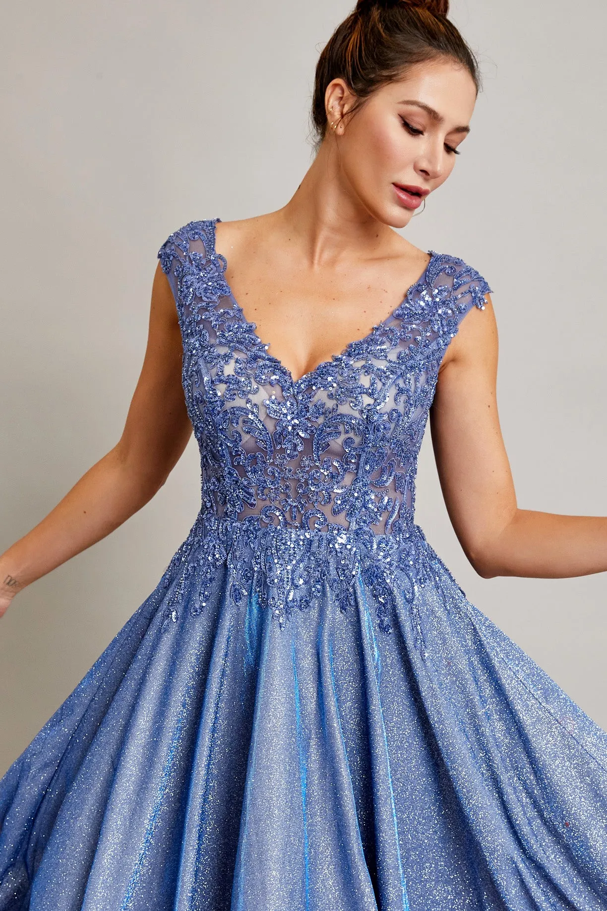 BC RD2371 - Stretch Sparkle Crepe A-Line Prom Gown with Sheer Sequin Embellished V-Neck Bodice & Cap Sleeves