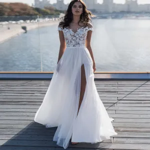 Beach Boho Bridal Dress Cap Sleeve Scoop Neck Tulle With Appliques Fee Shipping