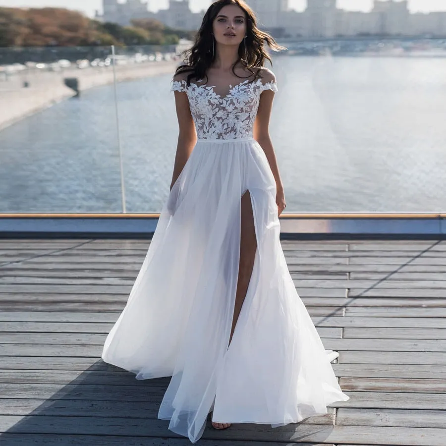 Beach Boho Bridal Dress Cap Sleeve Scoop Neck Tulle With Appliques Fee Shipping