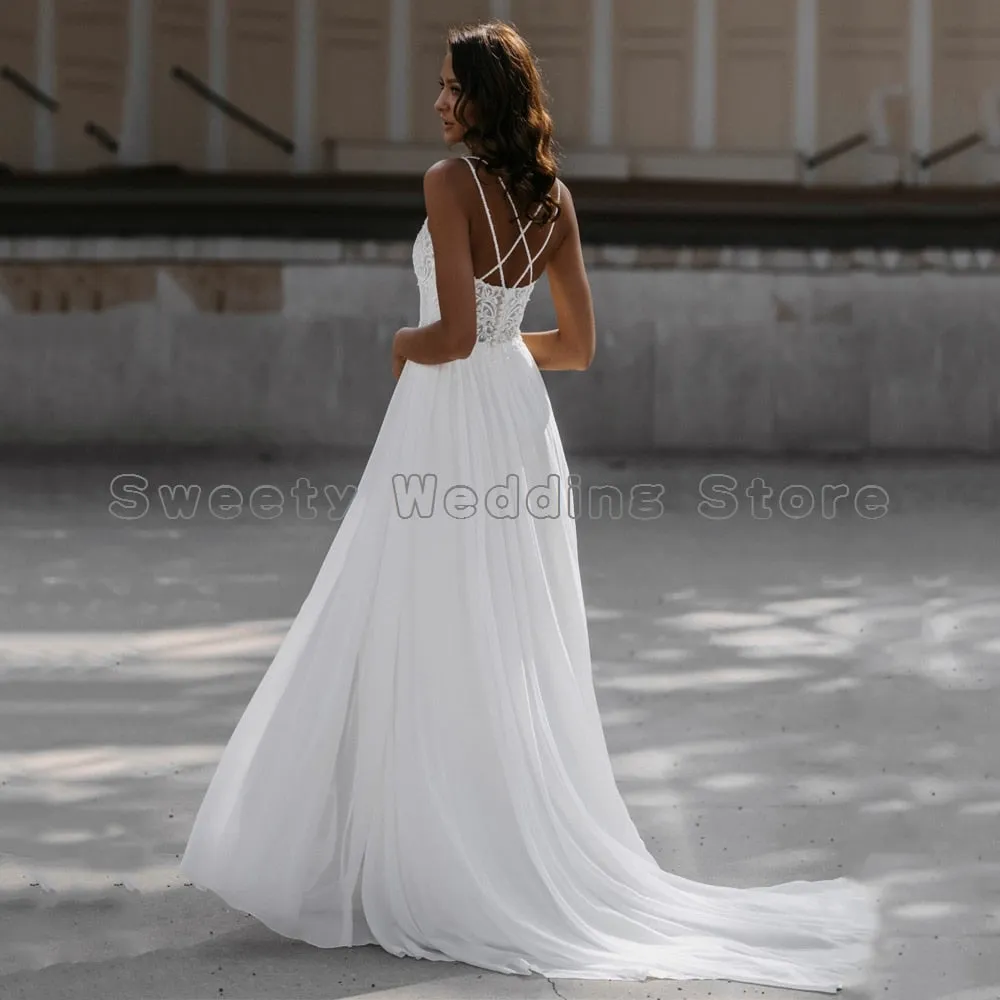 Beach Wedding Dresses Spaghetti Straps V Neck Sequin Lace Chiffon A Line