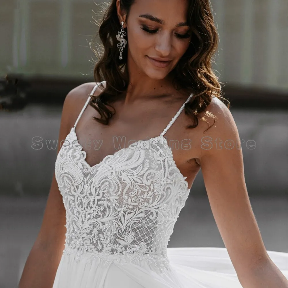 Beach Wedding Dresses Spaghetti Straps V Neck Sequin Lace Chiffon A Line