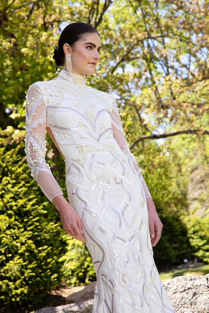 Beaded Crystal and Pearl Gown with Open Back