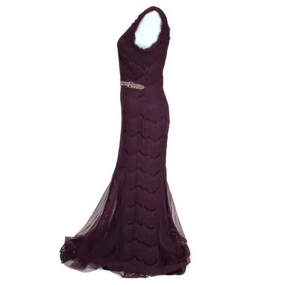 Betsy &amp; Adam Deep Plum Crystal Waist Lace Formal Mother of the Bride Dress SZ 6