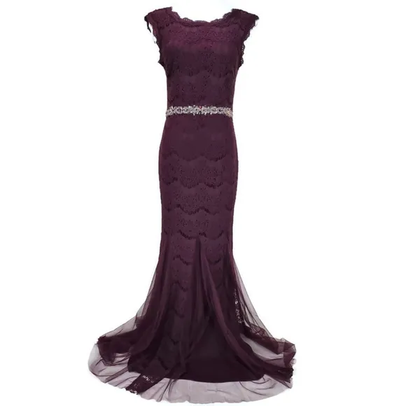 Betsy &amp; Adam Deep Plum Crystal Waist Lace Formal Mother of the Bride Dress SZ 6