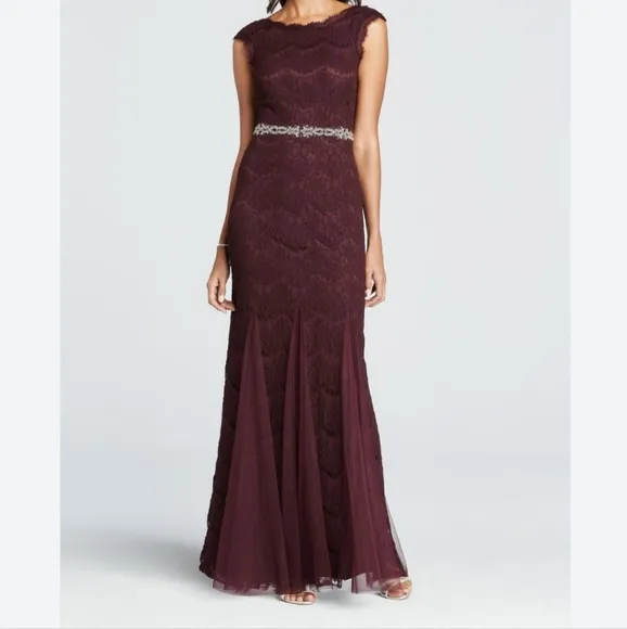 Betsy &amp; Adam Deep Plum Crystal Waist Lace Formal Mother of the Bride Dress SZ 6