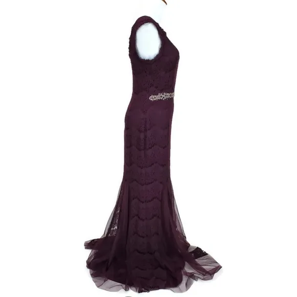 Betsy &amp; Adam Deep Plum Crystal Waist Lace Formal Mother of the Bride Dress SZ 6