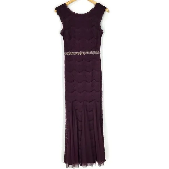 Betsy &amp; Adam Deep Plum Crystal Waist Lace Formal Mother of the Bride Dress SZ 6