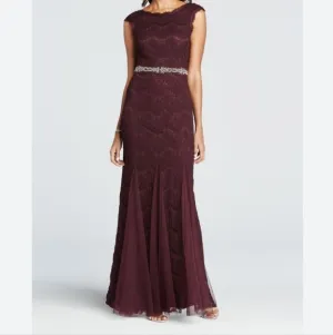 Betsy &amp; Adam Deep Plum Crystal Waist Lace Formal Mother of the Bride Dress SZ 6