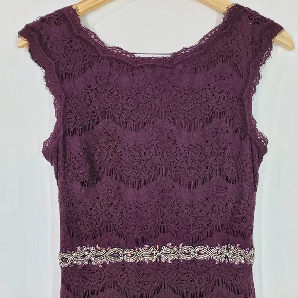 Betsy &amp; Adam Deep Plum Crystal Waist Lace Formal Mother of the Bride Dress SZ 6