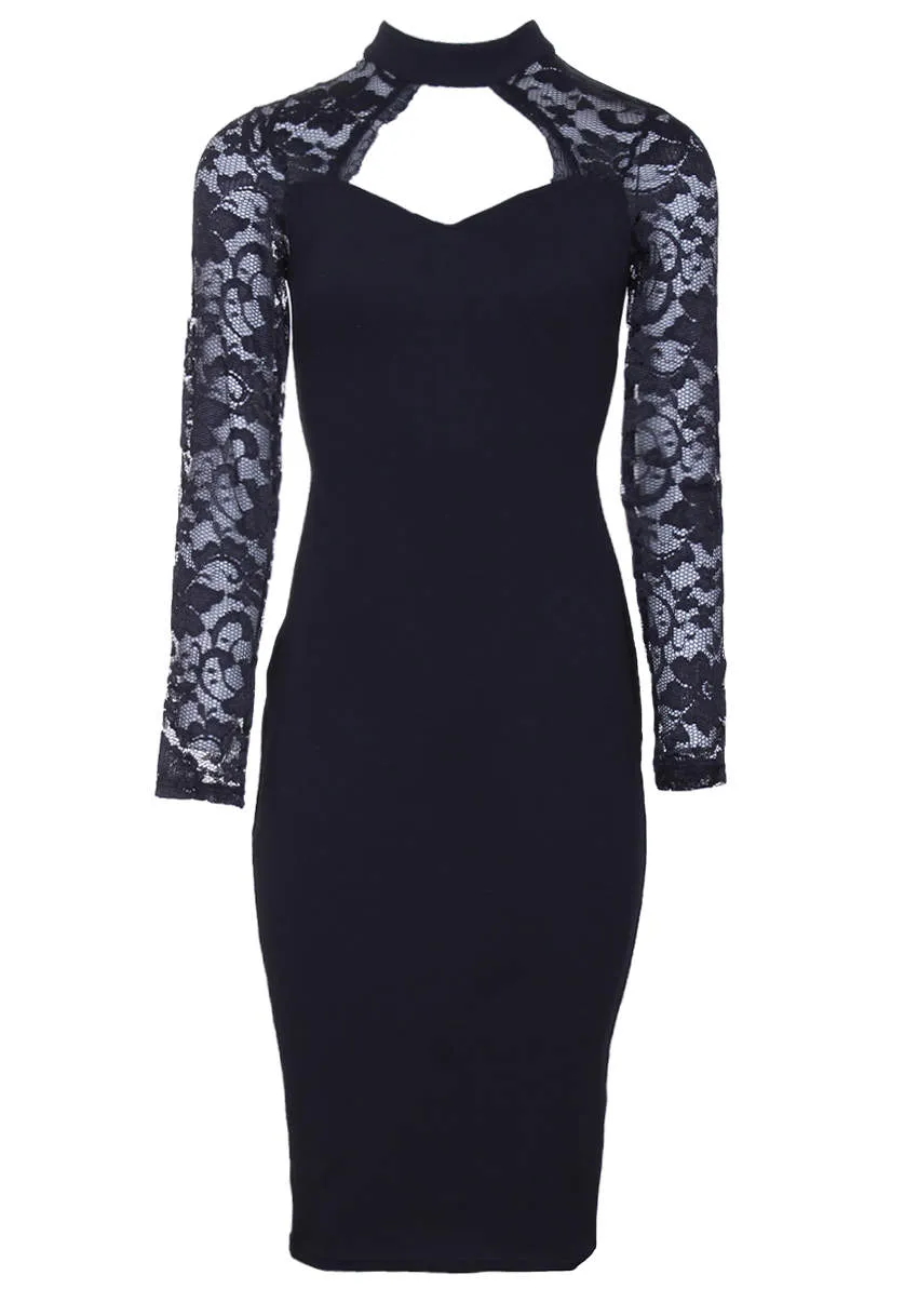 Black High Neck Lace Sleeve Midi Dress