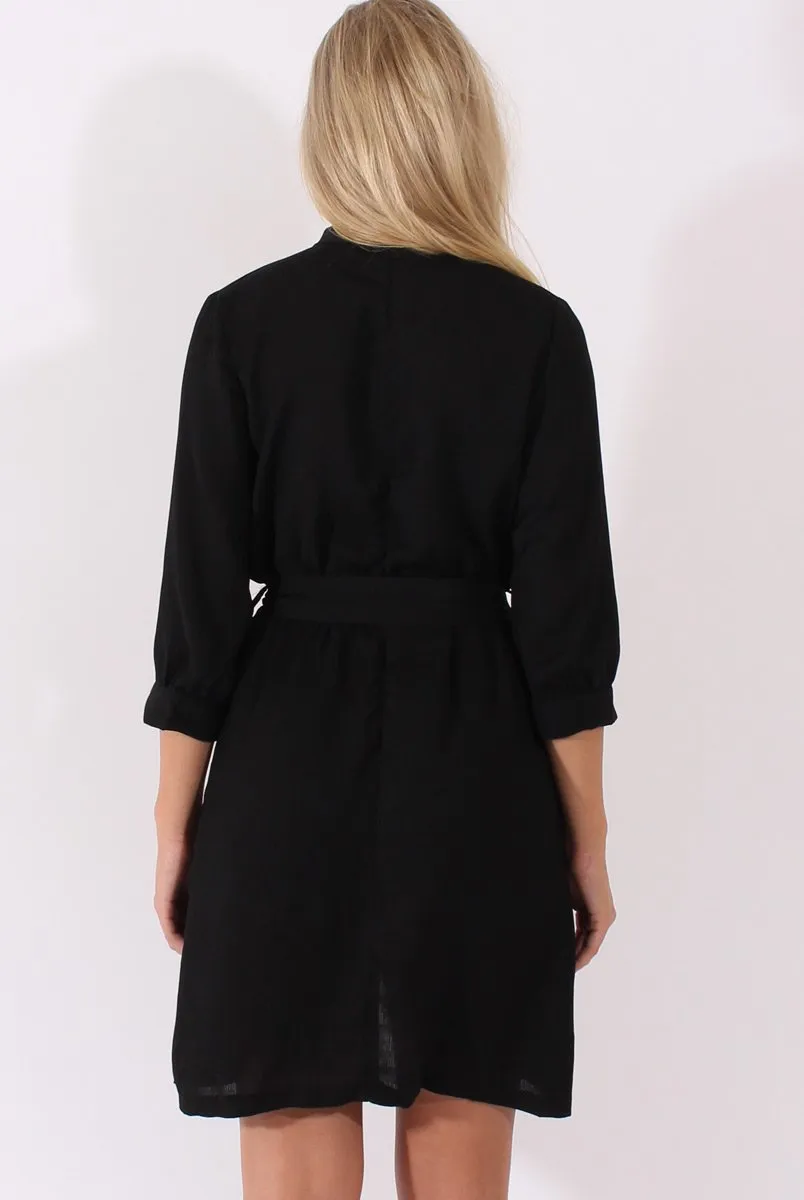 Black High Neck Plunge Tie Waist Dress - Trinity