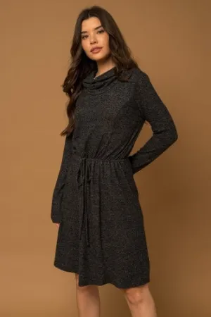Black Long Sleeve Cowl Neck Hacci Drawstring Dress