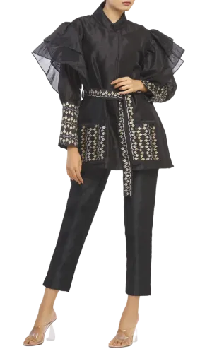 Black Ruffle Jacket with Hand Block Print