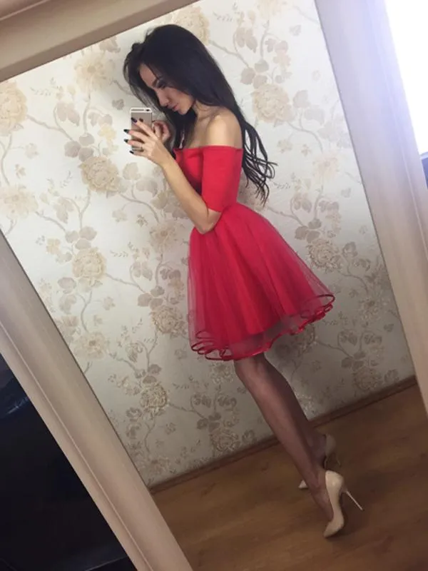 Black Short Sleeve Off Shoulder Homecoming Dress,Tulle Short Prom Dresses, MH131