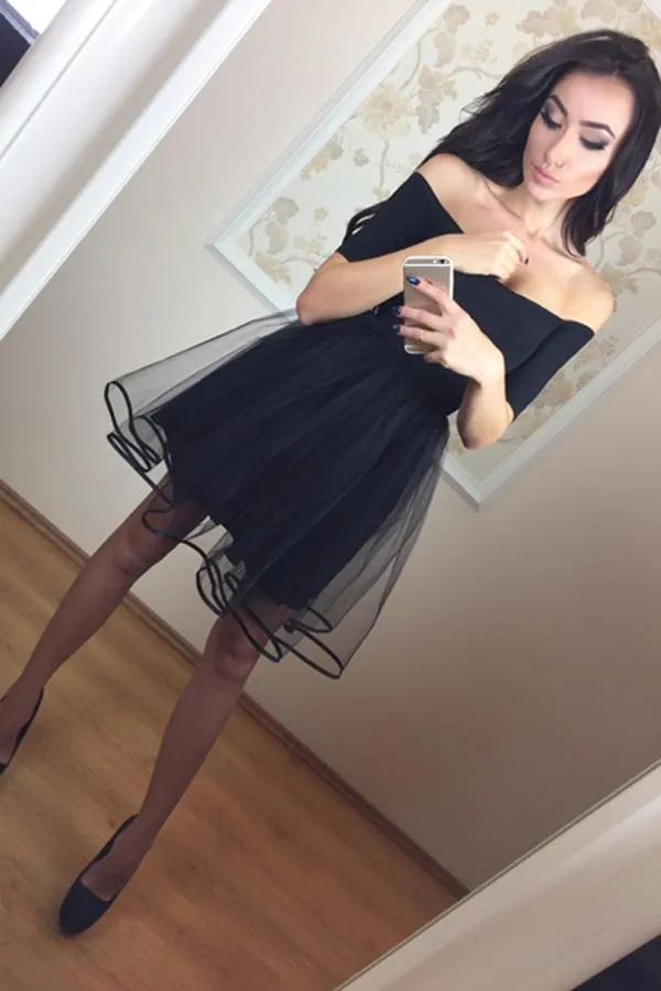Black Short Sleeve Off Shoulder Homecoming Dress,Tulle Short Prom Dresses, MH131
