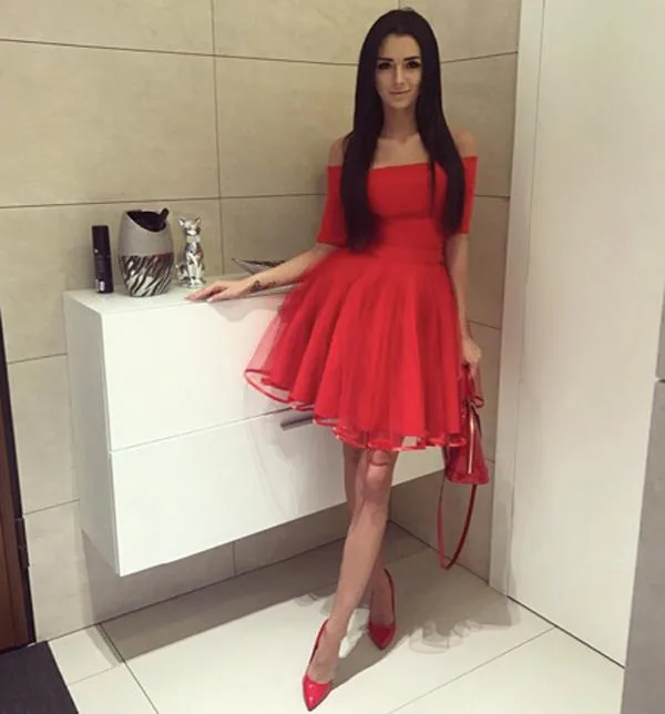 Black Short Sleeve Off Shoulder Homecoming Dress,Tulle Short Prom Dresses, MH131