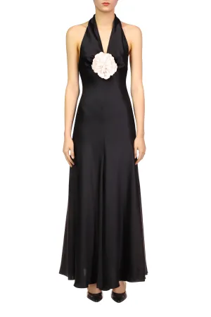 Black Silk Satin Halter Gown With Silk Flower Pin