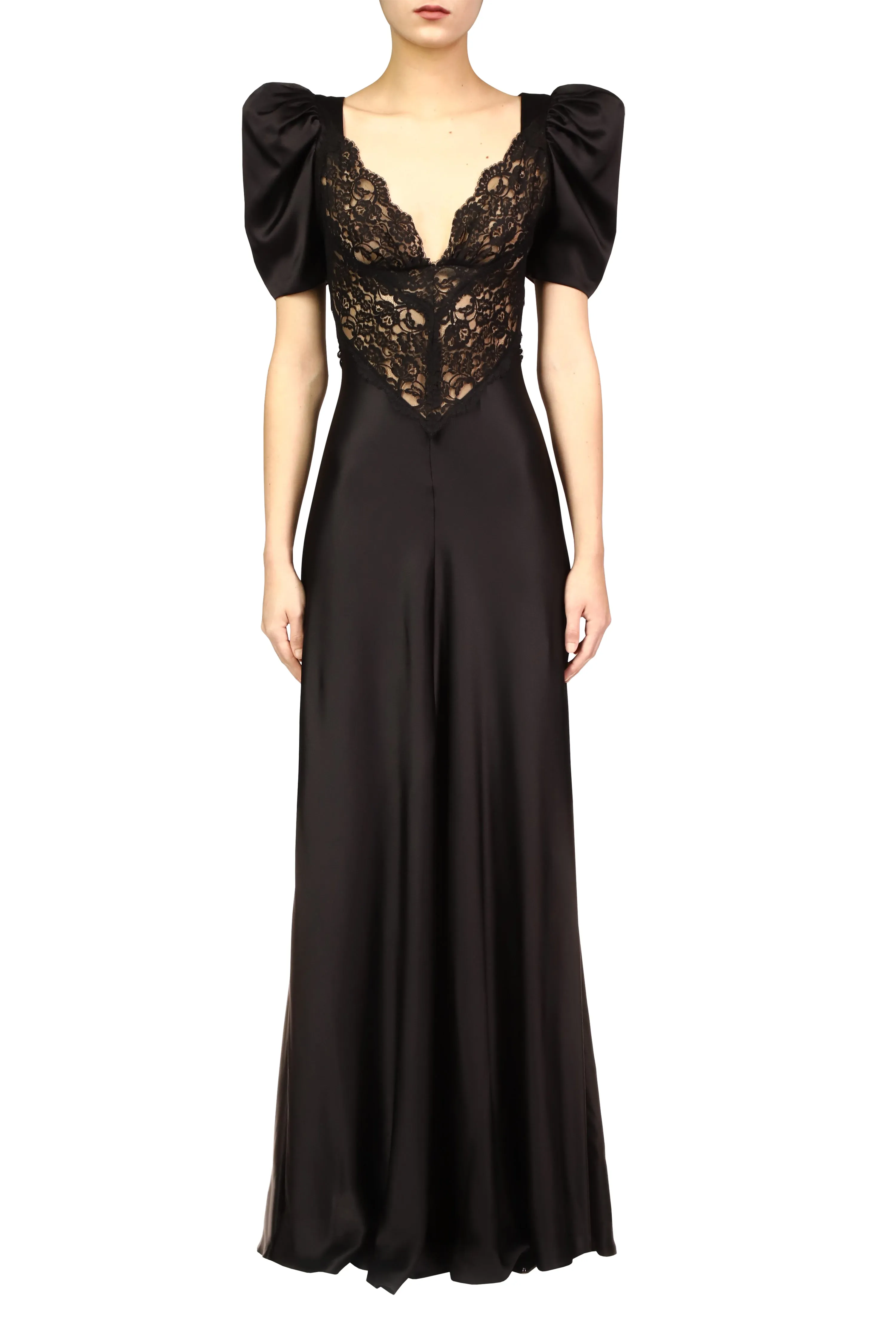 Black Silk Short Sleeve Gown With Black Lace Details