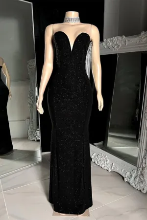 Black Strapless V Neck Sequins Sleeveless Long Mermaid Prom Dress