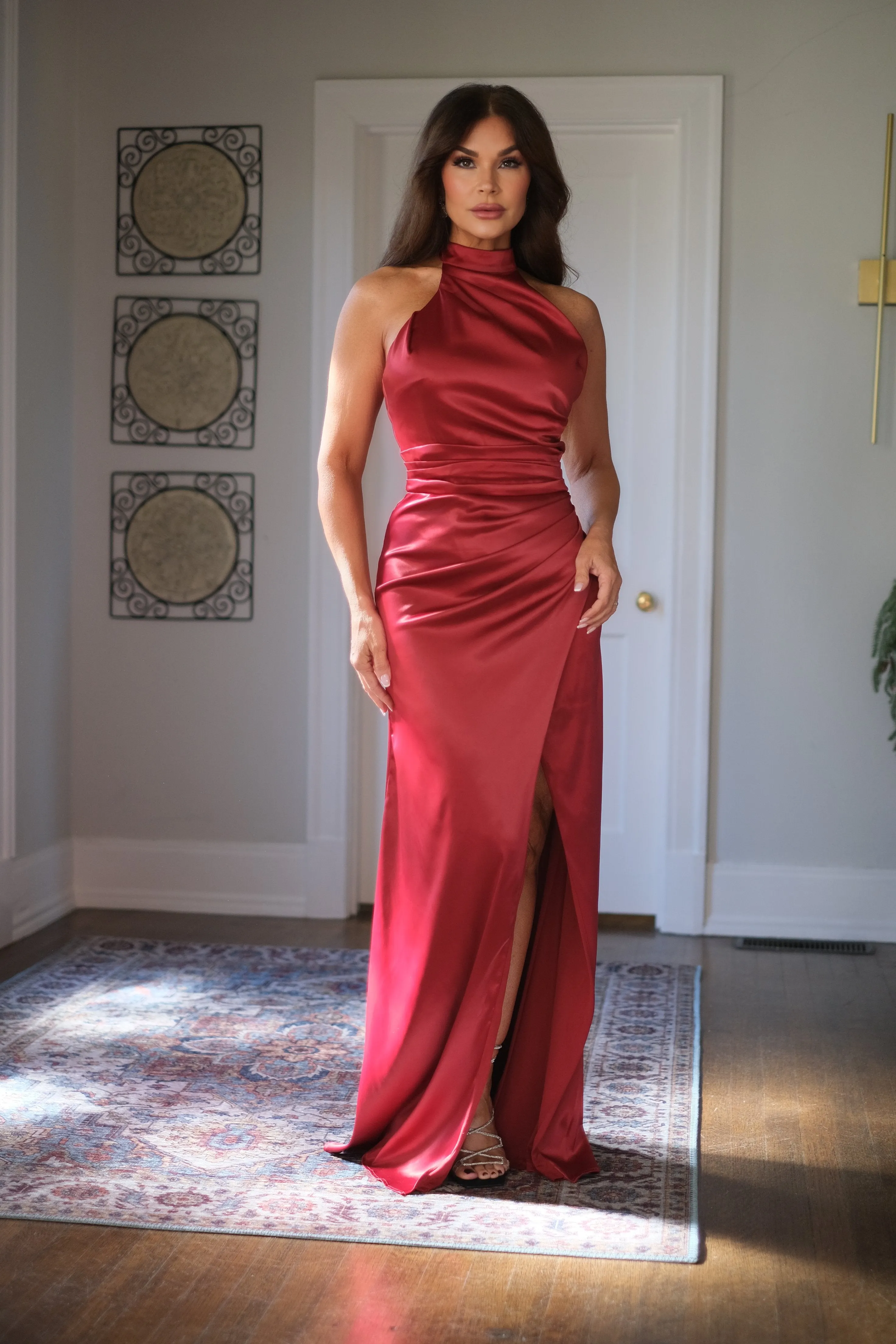 Blair burgundy satin halter neck midi dress with ruching and slit