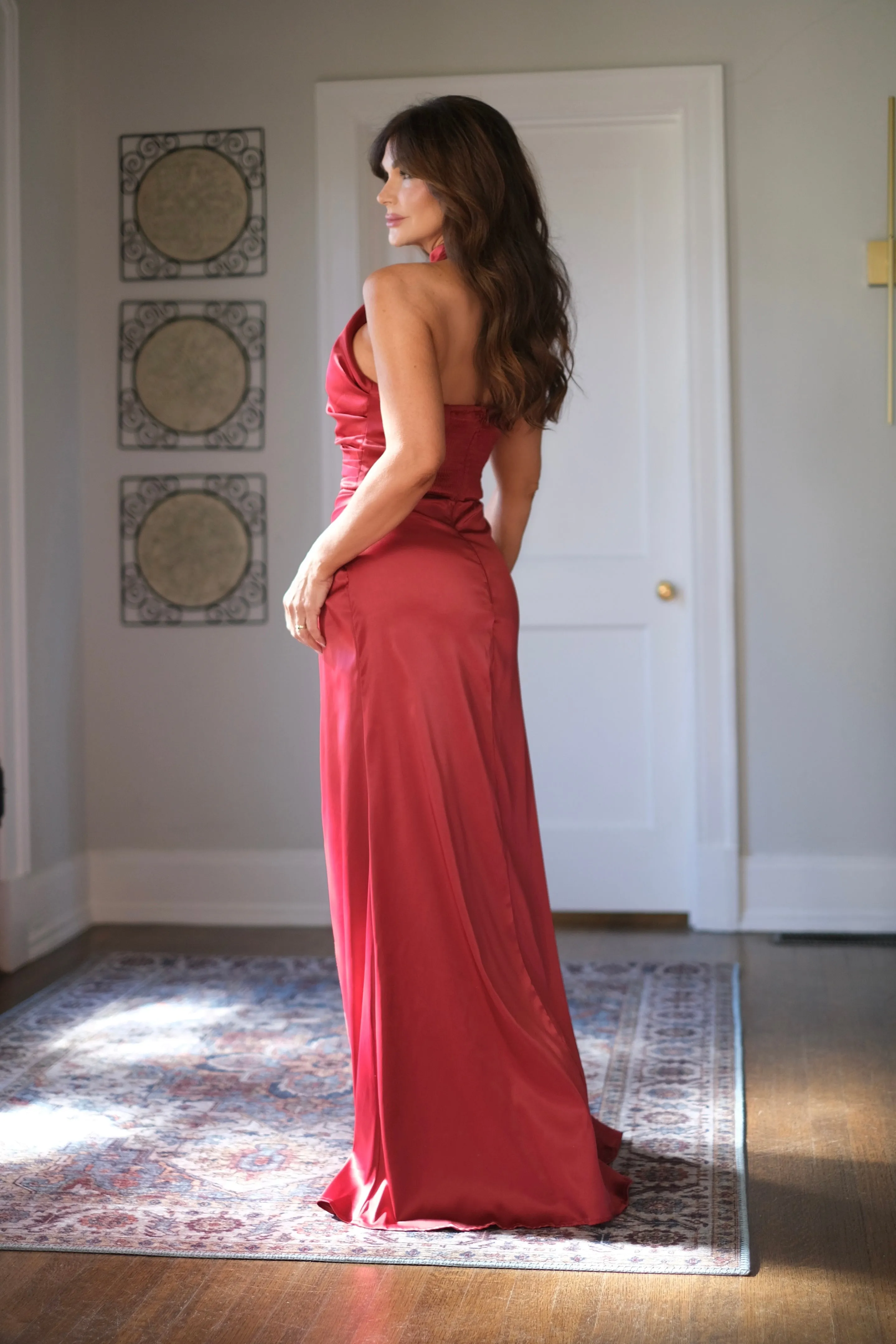 Blair burgundy satin halter neck midi dress with ruching and slit