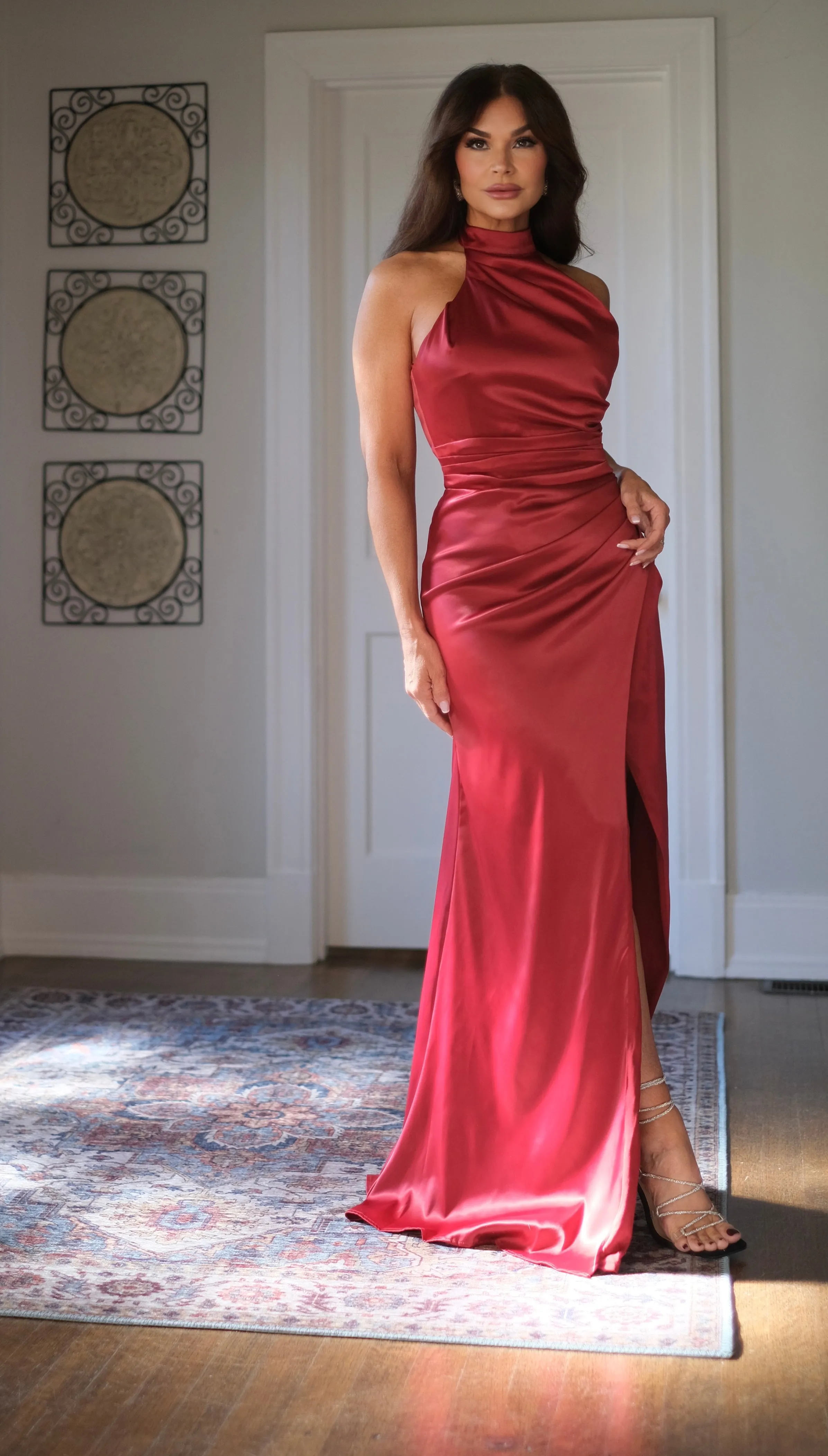 Blair burgundy satin halter neck midi dress with ruching and slit