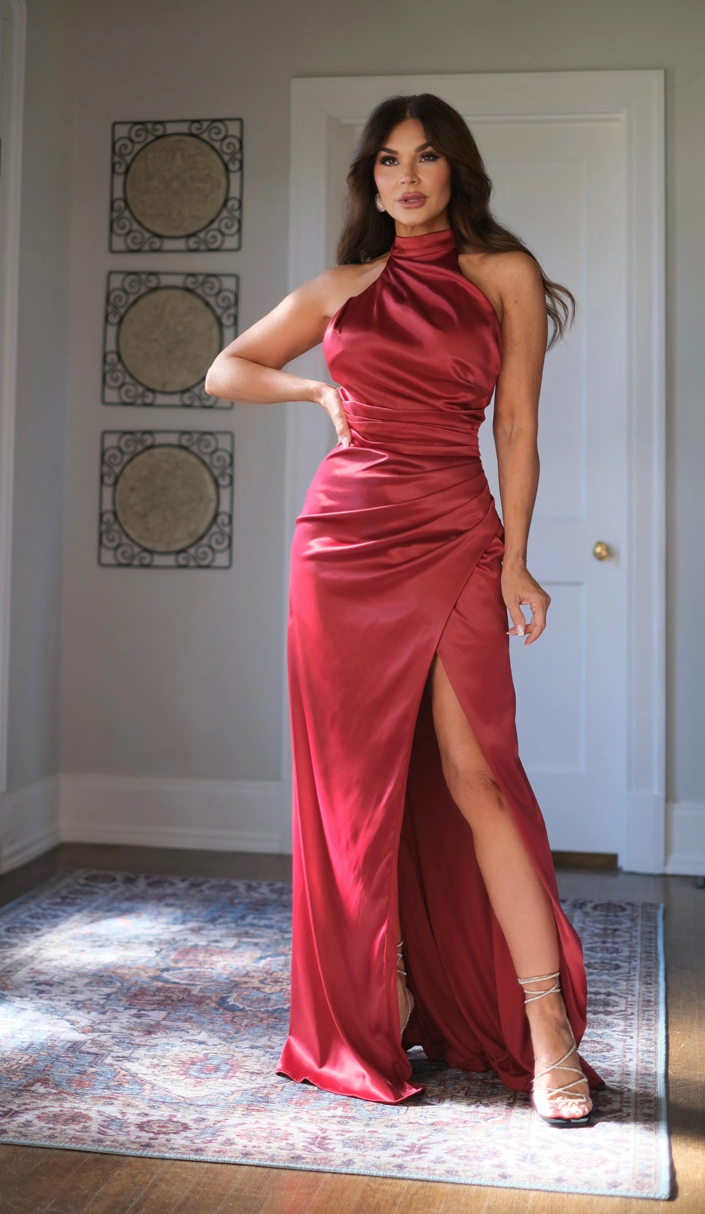 Blair burgundy satin halter neck midi dress with ruching and slit