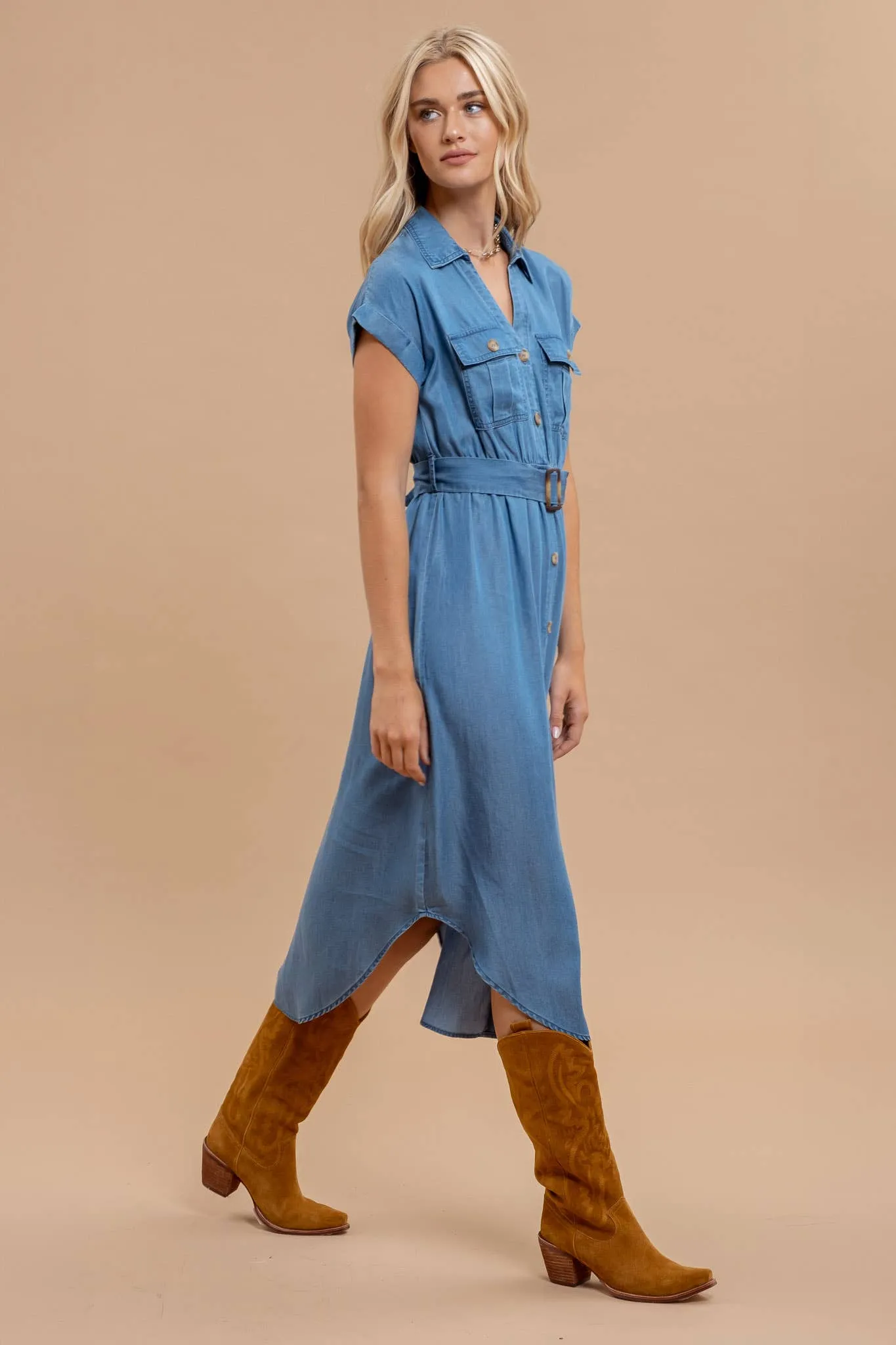 Blu Pepper Chambray Collared Button Down Belted Midi Dress CR2376