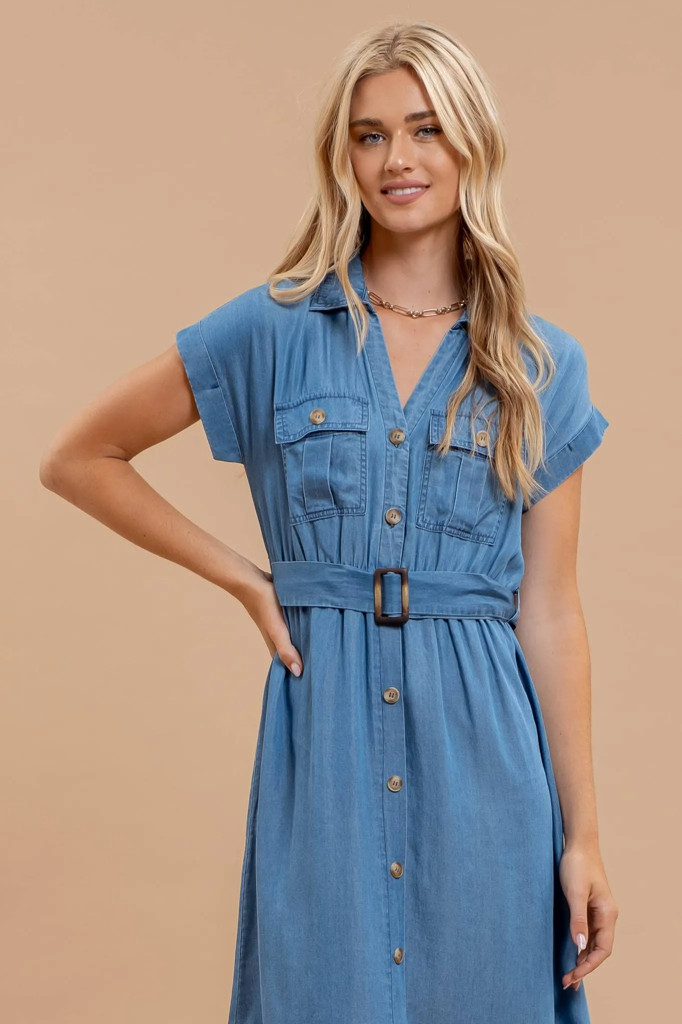 Blu Pepper Chambray Collared Button Down Belted Midi Dress CR2376